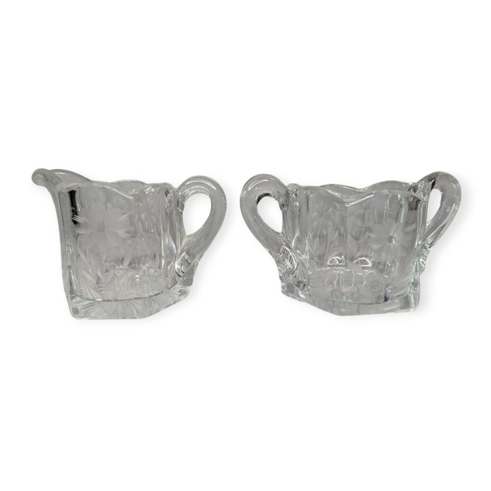 Vintage Clear Glass Sugar & Creamer Etched & Cut Glass w/Floral Pattern Set Of 2